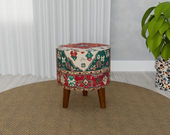 Colorful ethnic design pouf, Decorative bench, Round ottoman footsool, Round sofa companion, Nomadic pouf stool, Cozy pouf, RS 150-01