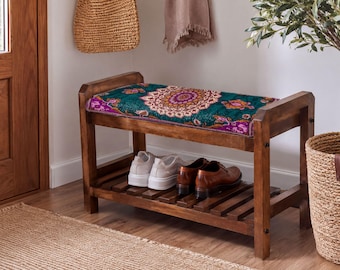 Teal Double Suzani Shoe Rack Bench | Bedroom Storage Organizer
