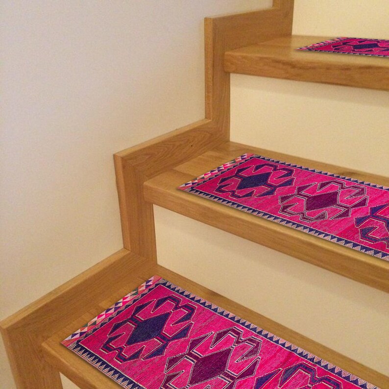 Fuchsia Purple Stair Treads | Ethnic Tribal Landing Rug | Easy Clean Step Carpet image 9