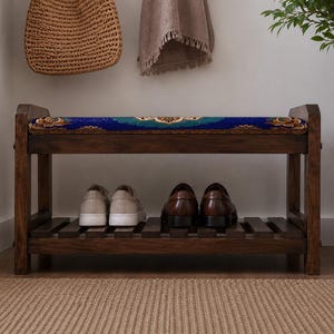 Royal Blue Ottoman Ornamental Shoe Rack Bench | Narrow Entryway Shoe Storage | Boho Turkish Handmade image 5