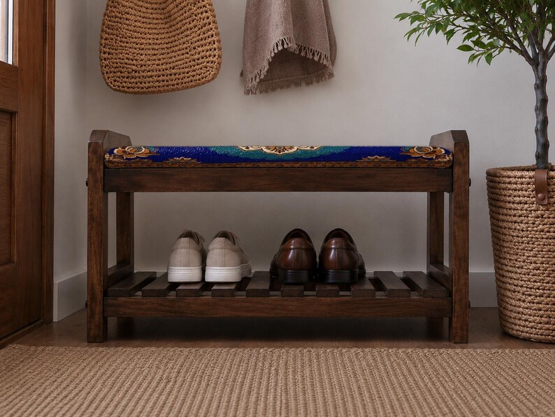 Royal Blue Ottoman Ornamental Shoe Rack Bench | Narrow Entryway Shoe Storage | Boho Turkish Handmade image 5