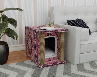 Ethnic design cat bed, Cat house, Cat hideaway, Cat scratcher, Cat playground, Stylish furniture, Pinky pet house, Cat gift, Compact pet bed
