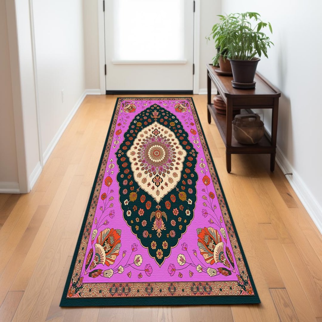 Noble Purple Rug, Emerald Green Medallion, Washable Secure Grip Mat, RS ...