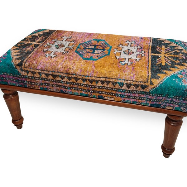 handmade furniture, bohemian bench, ottoman bench, kilim bench, turkish rug bench, hallway bench, piano bench, make up stool, RSB 04-02