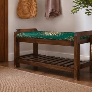 Forest Green Garden Medallion Shoe Rack Bench | Narrow Entryway Shoe Storage | Boho Turkish Handmade image 3