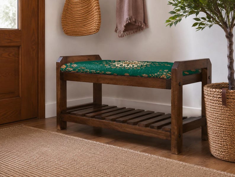 Forest Green Garden Medallion Shoe Rack Bench | Narrow Entryway Shoe Storage | Boho Turkish Handmade image 3