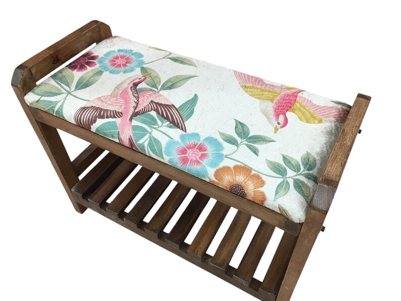 Cream Spring Garden Shoe Rack Bench | Narrow Entryway Shoe Storage | Boho Turkish Handmade