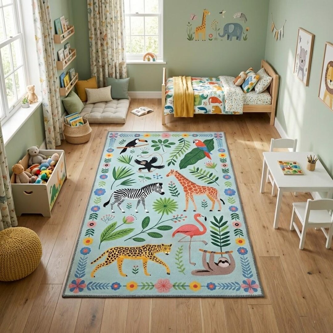Jungle Safari Animal Rug, Light Blue Floor Decor, Washable Non Slip ...