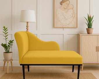 Mustard window seat, Chaise with cushion, Modern home decor, Handmade furniture, Curved sofa, Banquette seating, Snuggle chair, Accent bench