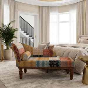 May include: A chaise lounge featuring a multi-colored patchwork fabric with geometric patterns in shades of orange, yellow, blue, and black. The piece has a curved backrest, a cylindrical bolster pillow, and is supported by four dark wooden legs.