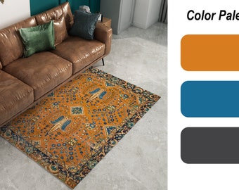 Orange Rug, Indoor Non-Slip Rug, Dinigroom Rug, Bohemian Rug, Chenille Cotton Rug, Premium Quality Handmade Rug, Washable Rug, Kitchen Rug