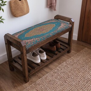 Teal Coral Sunburst Shoe Rack Bench | Narrow Entryway Shoe Storage | Boho Turkish Handmade image 2