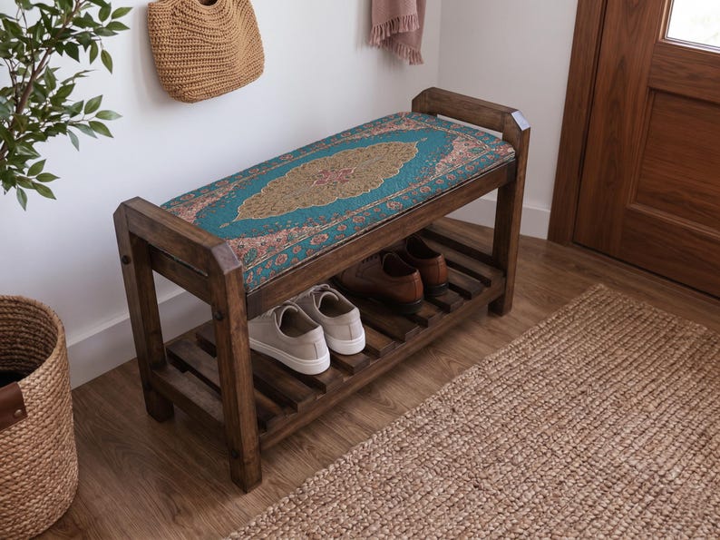 Teal Coral Sunburst Shoe Rack Bench | Narrow Entryway Shoe Storage | Boho Turkish Handmade image 2