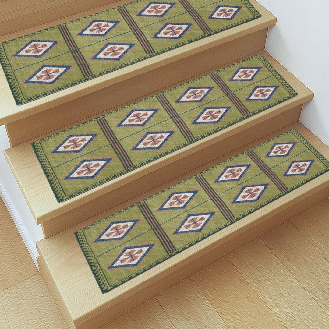 Sage Green Aztec Stair Treads, Geometric Non-slip Rug, Tribal Mats RS ...