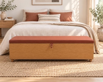Upholstered Storage Bench | Wooden Ottoman Seat with Hidden Compartment | Bedroom Blanket Organization
