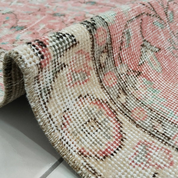 pink turkish rug, vintage area rug, handmade oushak rug, living room rug, boho decor rug, bedroom rug, antique rug, 3.6x6.7 ft, RS 329
