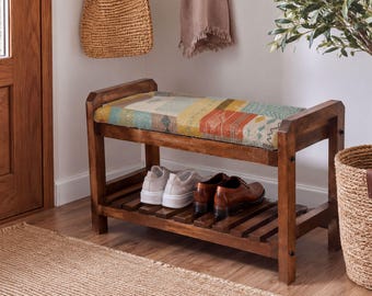Cream Tribal Print Rustic Shoe Bench | Hallway Decorative Storage