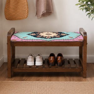 Banco zapatero estilo bohemio con roseta color turquesa / Almacenamiento de zapatos para entrada estrecha / Hecho a mano en Turquía estilo bohemio imagen 4