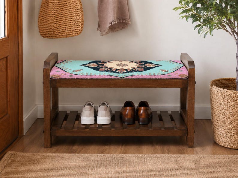 Banco zapatero estilo bohemio con roseta color turquesa / Almacenamiento de zapatos para entrada estrecha / Hecho a mano en Turquía estilo bohemio imagen 4