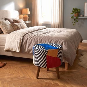 Vibrant color pouf, Zebra design bench, Corner footstool, Luxury furniture, Ottoman piano seat, Utility footrest, Poufy bed bench, RS 200