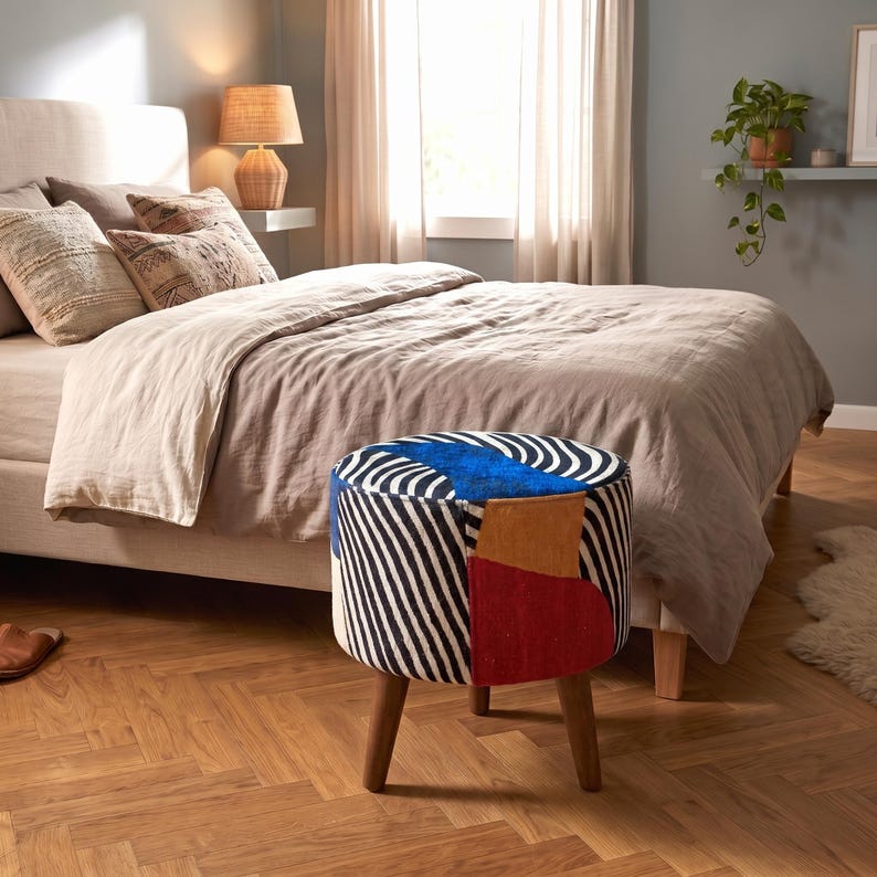Vibrant color pouf, Zebra design bench, Corner footstool, Luxury furniture, Ottoman piano seat, Utility footrest, Poufy bed bench, RS 200