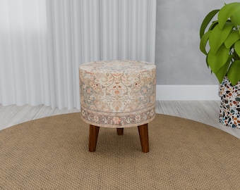 Neutral footstool, Flower motif pouf, Eclectic footrest, Handmade Entryway round stool, Solid wood bench, Glamory footstool, RS 761-0
