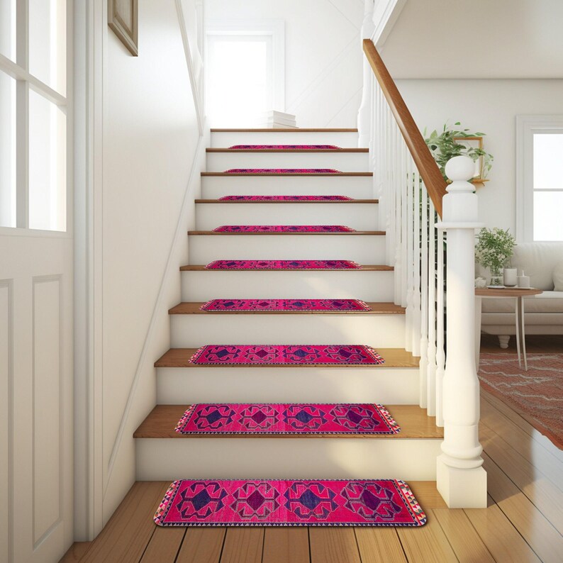 Fuchsia Purple Stair Treads | Ethnic Tribal Landing Rug | Easy Clean Step Carpet image 10