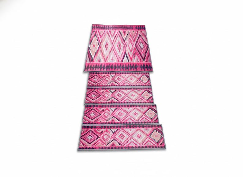 stairs runner rug, pink rug for stairs, retro rug, herki rug print, ikat rug, aesthetic rug, boho decor rug, pastel rug, steps rug, RS 70