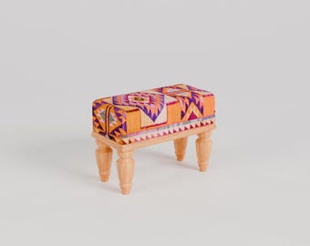 Orange tiny bench, Multi color stool, Ethnic pattern bench, Fireplace stool, Unique accent bench, Vibrant footstool, 9x18x14, RSB 9x18 51-02