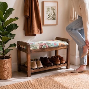 Cream Spring Garden Shoe Rack Bench | Narrow Entryway Shoe Storage | Boho Turkish Handmade