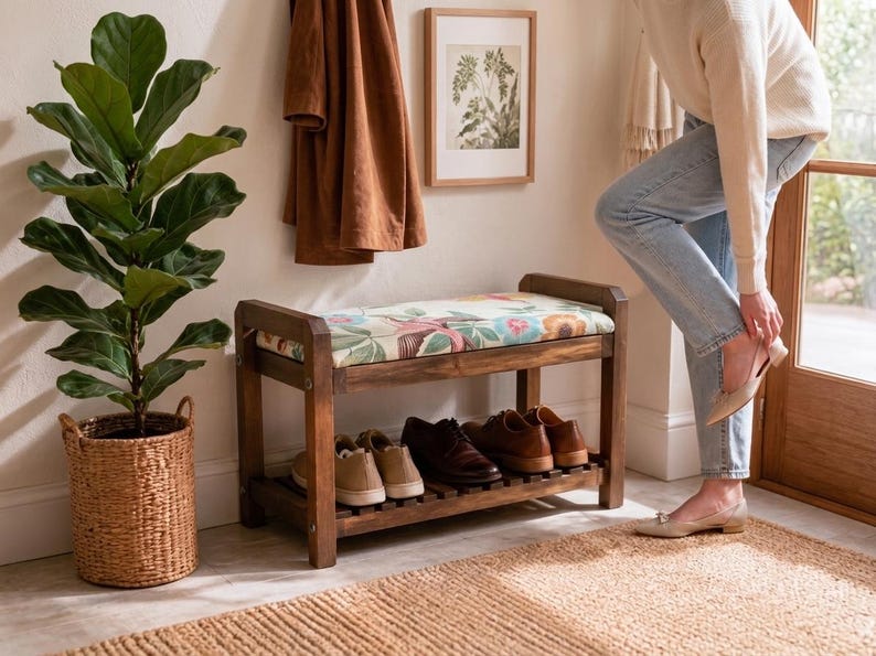 Cream Spring Garden Shoe Rack Bench | Narrow Entryway Shoe Storage | Boho Turkish Handmade