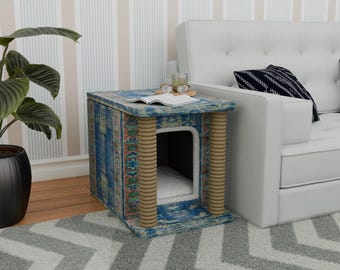 Blue cat house, Chenille cat house, Sturdy pet house, Eco friendly pet bed, Home decoration, Wooden box, Indoor cat house, Pet products