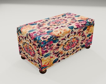 Boho Mandala Storage Ottoman | Colorful Fabric Seating Accent Trunk Chest, RS 66