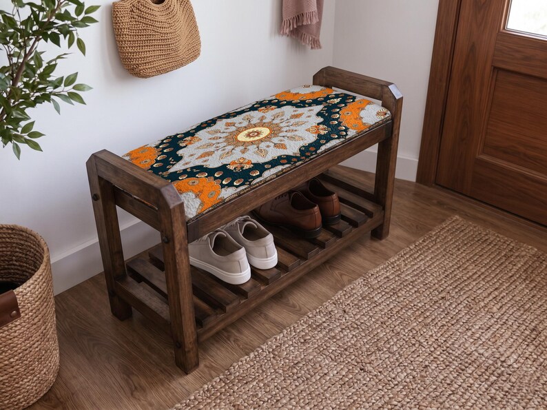 Teal Grand Sunburst Shoe Rack Bench | Narrow Entryway Shoe Storage | Boho Turkish Handmade image 2