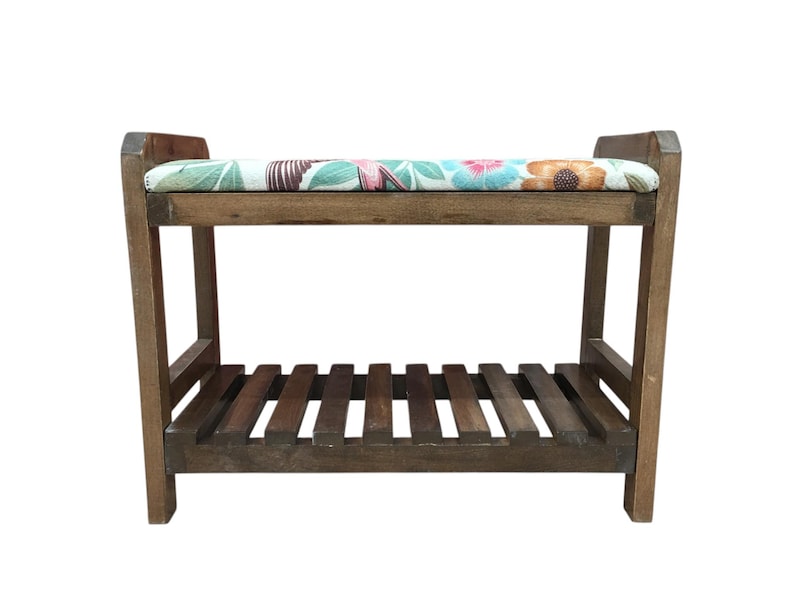Cream Spring Garden Shoe Rack Bench | Narrow Entryway Shoe Storage | Boho Turkish Handmade