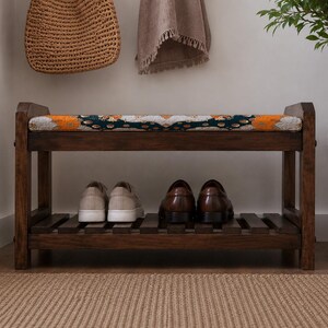 Teal Grand Sunburst Shoe Rack Bench | Narrow Entryway Shoe Storage | Boho Turkish Handmade image 5