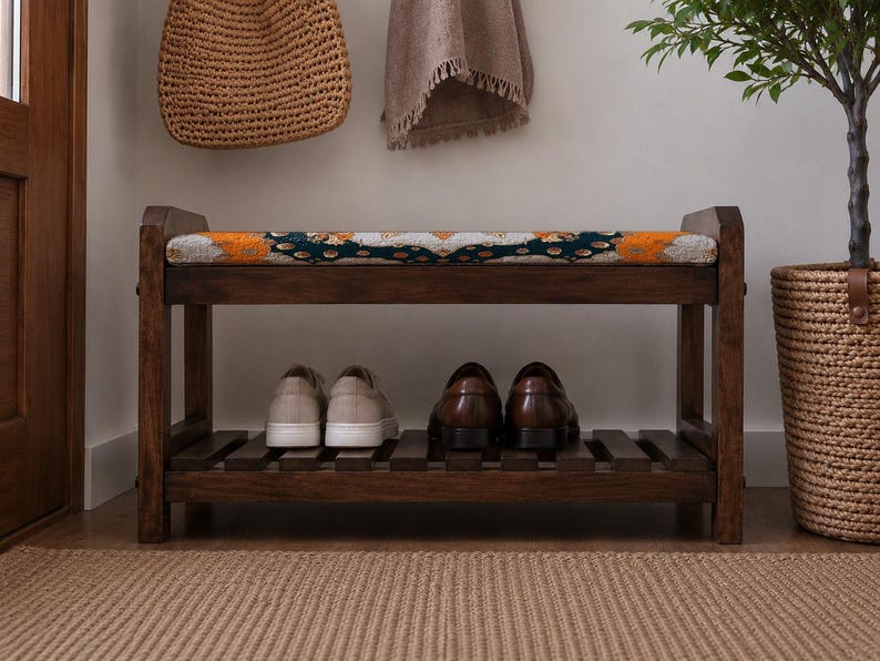 Teal Grand Sunburst Shoe Rack Bench | Narrow Entryway Shoe Storage | Boho Turkish Handmade image 5