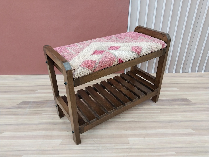 Handmade wooden bench, Kilim upholstered shoe organizer, Rustic storage ottoman, Entryway step stool, Mudroom shoe rack, RS Stepstool 59