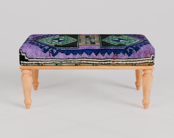 Lila Teppichbank, Handgemachte Bank, Ottomane Bank, Kelim Muster Bank, Fußbank, Vanity Hocker, Polstertisch, RSB 925-00