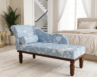 Light Blue Floral Chaise | Elegant Bedroom Lounge Daybed, RS 131