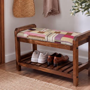 Blush Patchwork Block Wooden Shoe Rack | Modern Entryway Bench