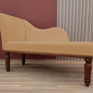 Banquette couch, Caramel chaise lounge, Strong long bench, Sustainable seating, Soft textured chaise, Cozy bedroom decor, Trendy furniture