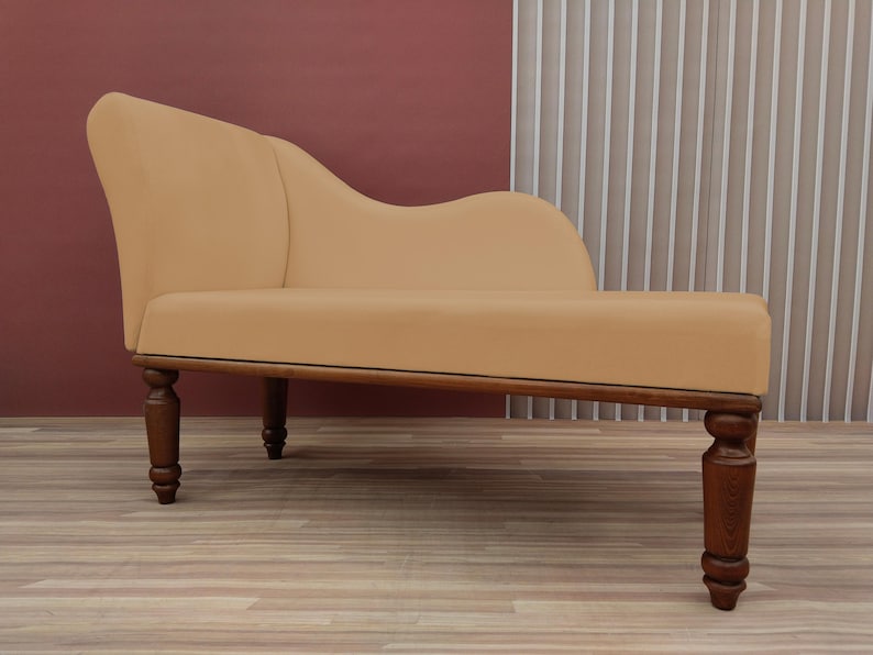 Banquette couch, Caramel chaise lounge, Strong long bench, Sustainable seating, Soft textured chaise, Cozy bedroom decor, Trendy furniture