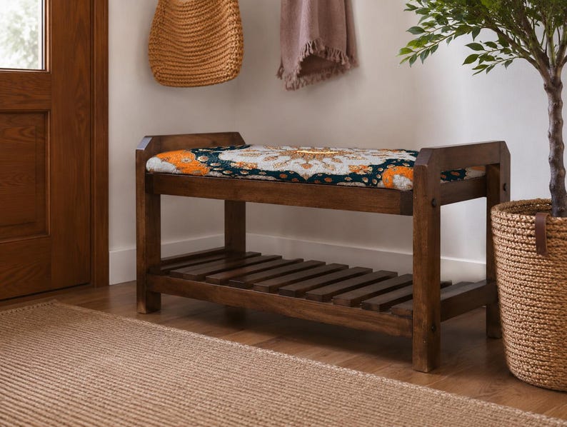 Teal Grand Sunburst Shoe Rack Bench | Narrow Entryway Shoe Storage | Boho Turkish Handmade image 3
