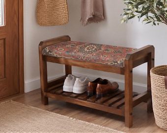 Red Heritage Diamond Shoe Rack Bench | Entryway Storage Cabinet