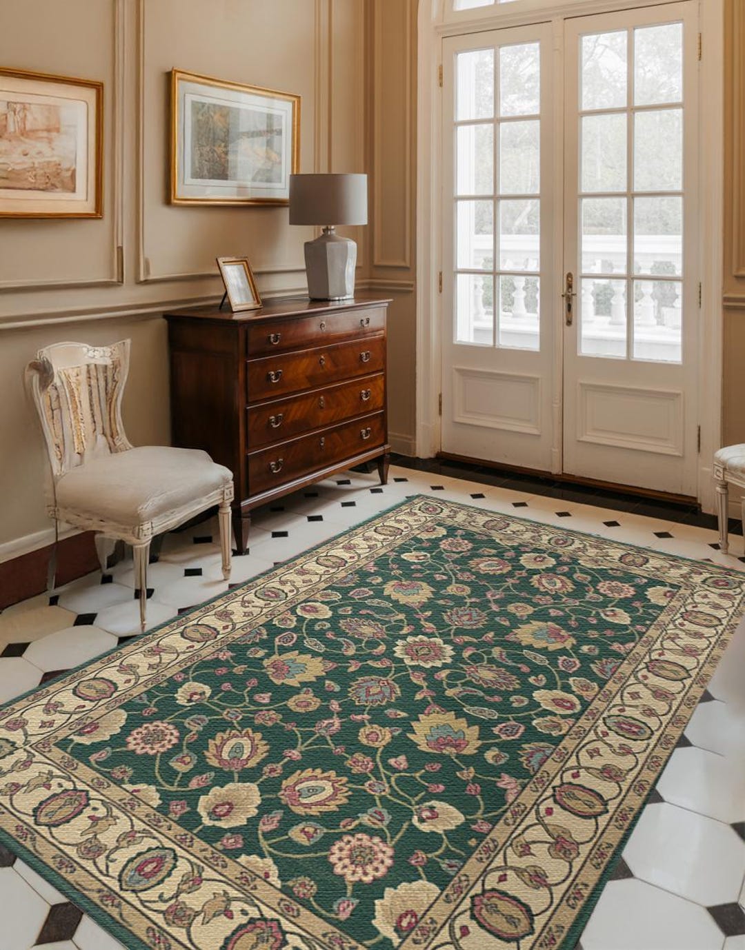Dark Green Floral Rug, Vintage Botanical Pattern, Washable Non Slip ...