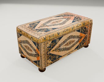 May include: A rectangular storage ottoman with a patterned fabric top. The fabric features a traditional Turkish rug design with shades of blue, orange, and cream.