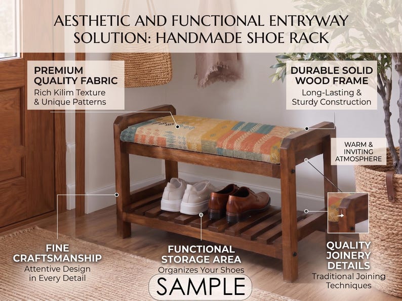 Teal Grand Sunburst Shoe Rack Bench | Narrow Entryway Shoe Storage | Boho Turkish Handmade image 6