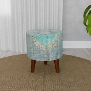 Cool pouf stool, Floral pattern bench, Blue round footstool, Interior decoration bench, Contemporary footrest, Cozy round pouf, RS 80