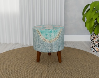 Cool pouf stool, Floral pattern bench, Blue round footstool, Interior decoration bench, Contemporary footrest, Cozy round pouf, RS 80